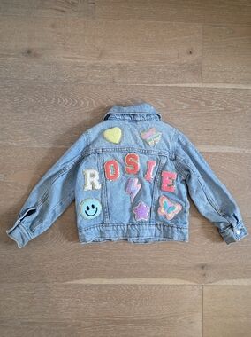 Old Navy Light Blue Denim Jacket with Colorful Patch Letters "ROSIE"